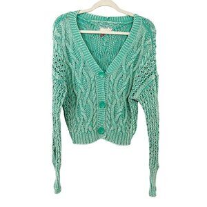 Anthropologie Pilcro Blue Green Cable Knit Cardigan Sweater V-Neck - Size Small